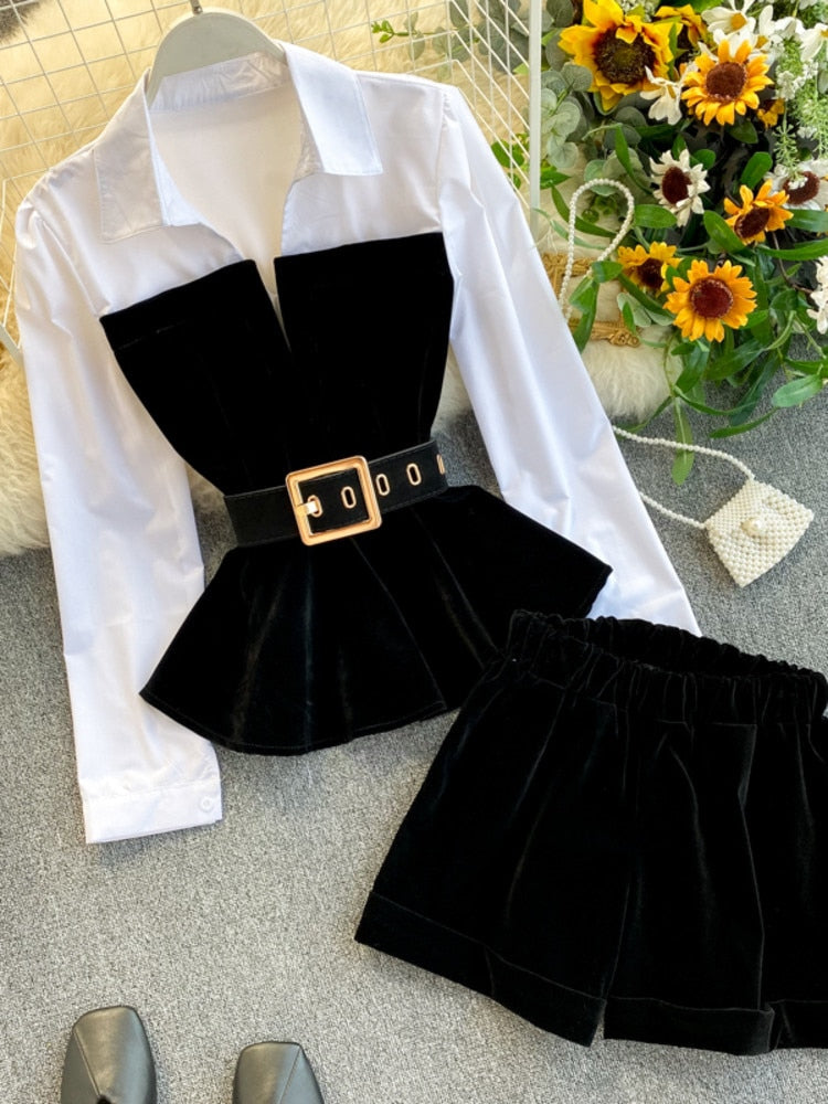 DEAT 2023  Spring Spring Long Sleeve Patchwork Velvet Size Small Tops With Belt High Waist Shorts Two Piece Set Women MH334