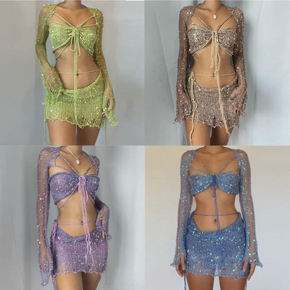 Crochet Knitted Dress Two Piece Skirt Sets  Summer Women Clothes Sexy Crop Tops Elegant Knit Sequin Dress 2 Piece Set Outfit