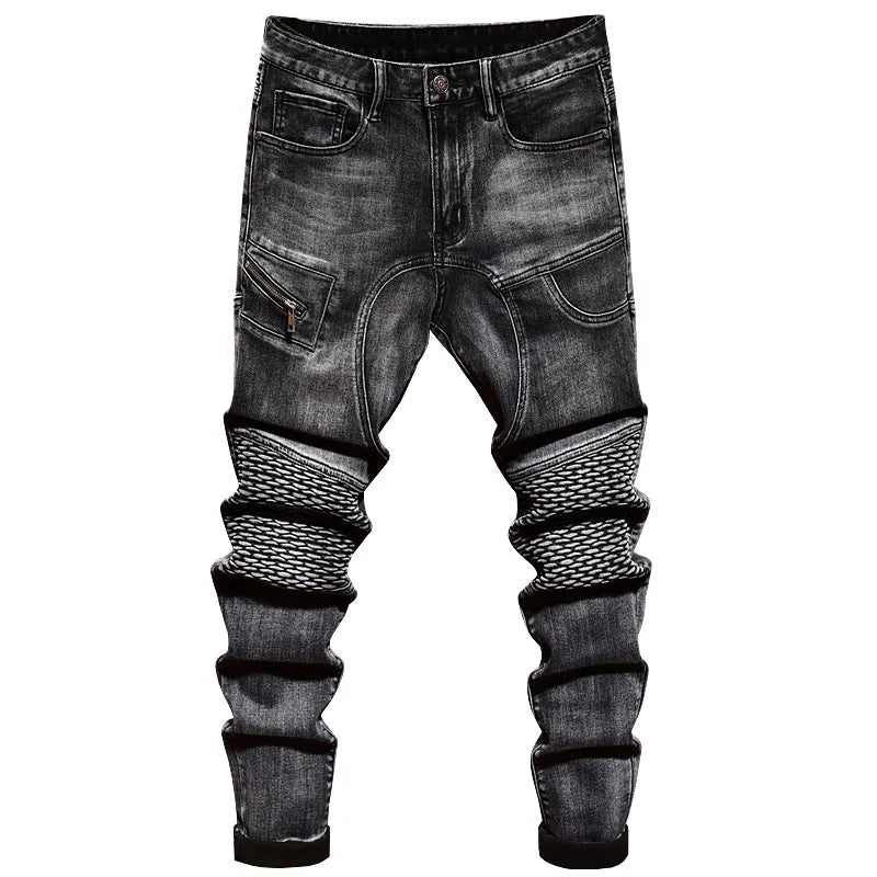 2024 new high end jeans for MEN'S black elastic fashion brand loose straight motorcycle spliced water washed youth bicycle pants