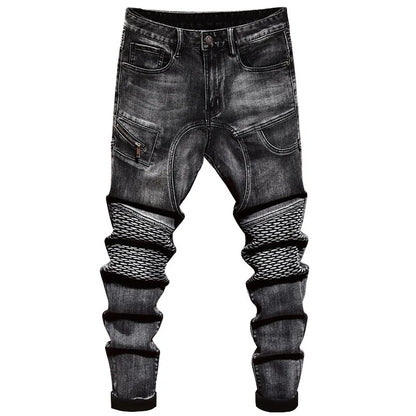 new high end jeans for MEN'S black elastic fashion brand loose straight motorcycle spliced water washed youth bicycle pants