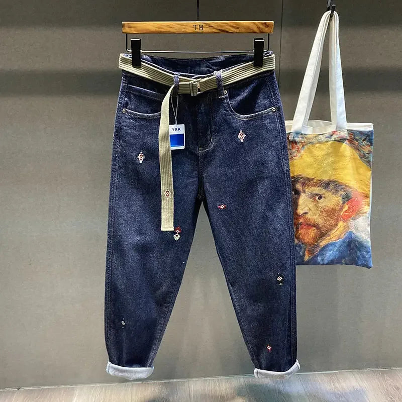Man Cowboy Pants Embroidery Men's Jeans Cropped Harem Trousers Autumn Clothing Denim Plus Size 90s Streetwear Trend  Retro