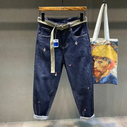 Man Cowboy Pants Embroidery Men's Jeans Cropped Harem Trousers Autumn Clothing Denim Plus Size 90s Streetwear Trend  Retro