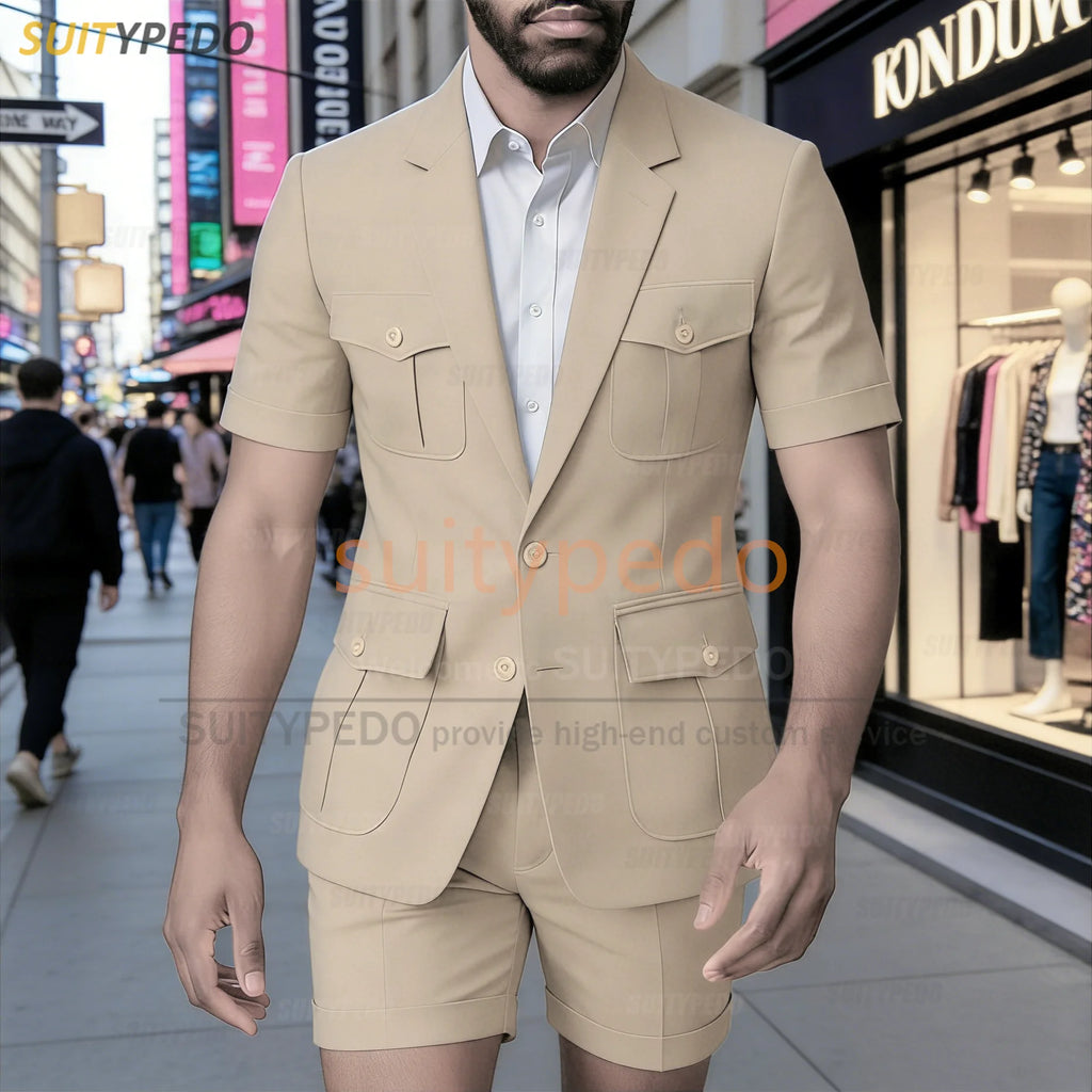 Summer New Design Men Suit Sets 2 Piecs Short Sleeves Blazer And Shorts Notch Lapel Daily Beach Wedding Party Prom Suit Attire