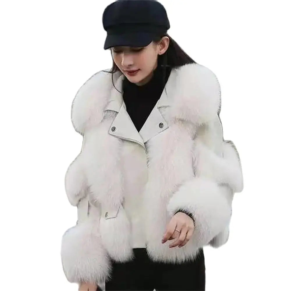 2024 Winter New Outerwear Tops Warm Short Imitation Fox Fur Coat Imitation Leather Full Fox Fur Motorcycle Jacket Luxury Women