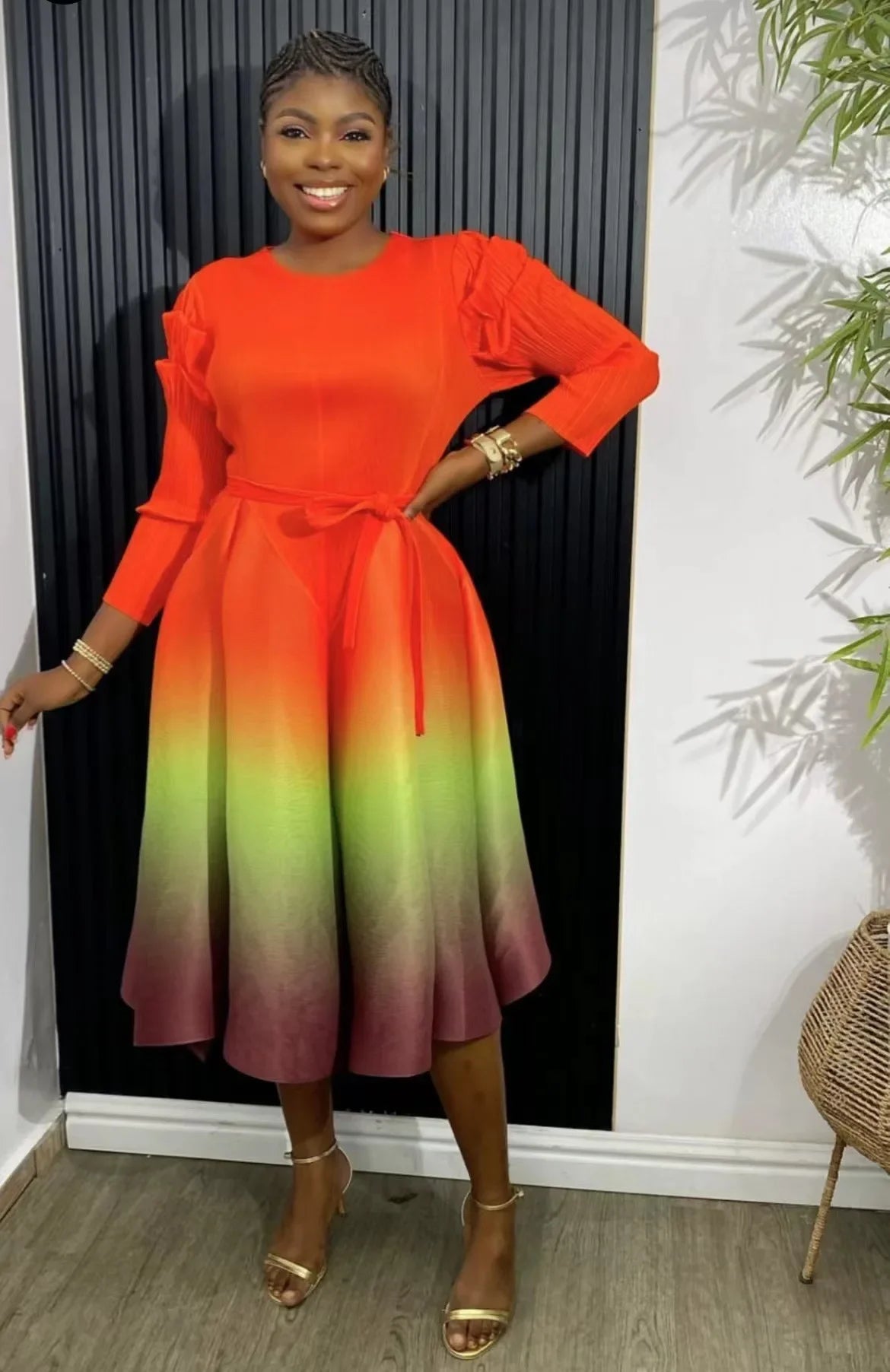 Miyake Pleated Gradual Maxi Dress O-Neck Full Sleeve Loose High Strecth Lantern Dresses for Women 2024 Summer New