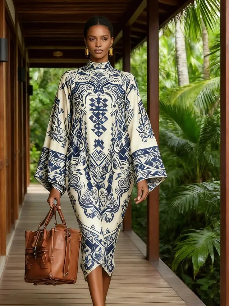 UOOZEE 2026 New Women Vintage Tribal Printed High Neck Party Dress Batwing Sleeves Loose Elegant Evening Church Mini Dresses