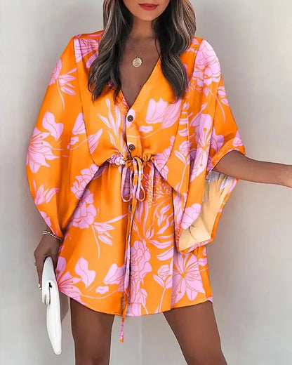 Summer Dress For Women  New Floral Print Bat Half-Sleeve V-Neck Ruffle Irregular Hem Female Dress Casual Boho Women Clothes