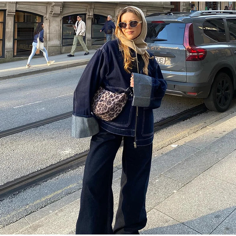 Fashion Denim Jacket Set Women Lapel Single Breasted Long Sleeve Coat Straight Jeans Pants 2025 Spring Lady  High Street Outfits