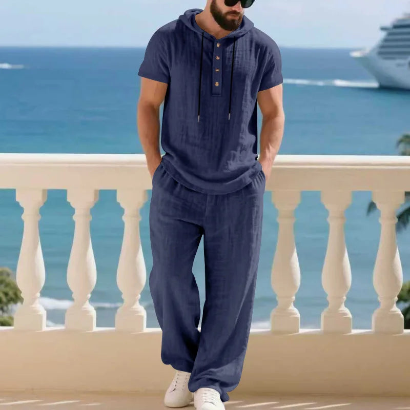 Men's Summer Casual Linen 2 Piece Outfit Short Sleeve Hoodie & Loose Pants Set Breathable Tracksuit for Beach Daliy Streetwesr
