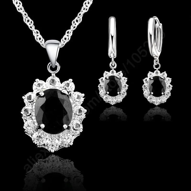 Classic Princess Wedding Engagement Necklace Earring Jewelry Sets Genuine 925 Sterling Silver Black Oval Cubic Zirconia Stones