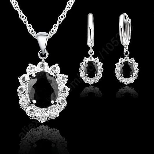 Classic Princess Wedding Engagement Necklace Earring Jewelry Sets Genuine 925 Sterling Silver Black Oval Cubic Zirconia Stones
