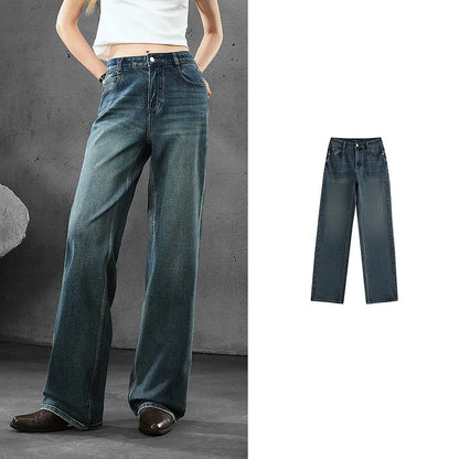 TOYOUTH Women Denim Jeans  Autumn New Lycra Stretch Straight Wide Leg Long pants
