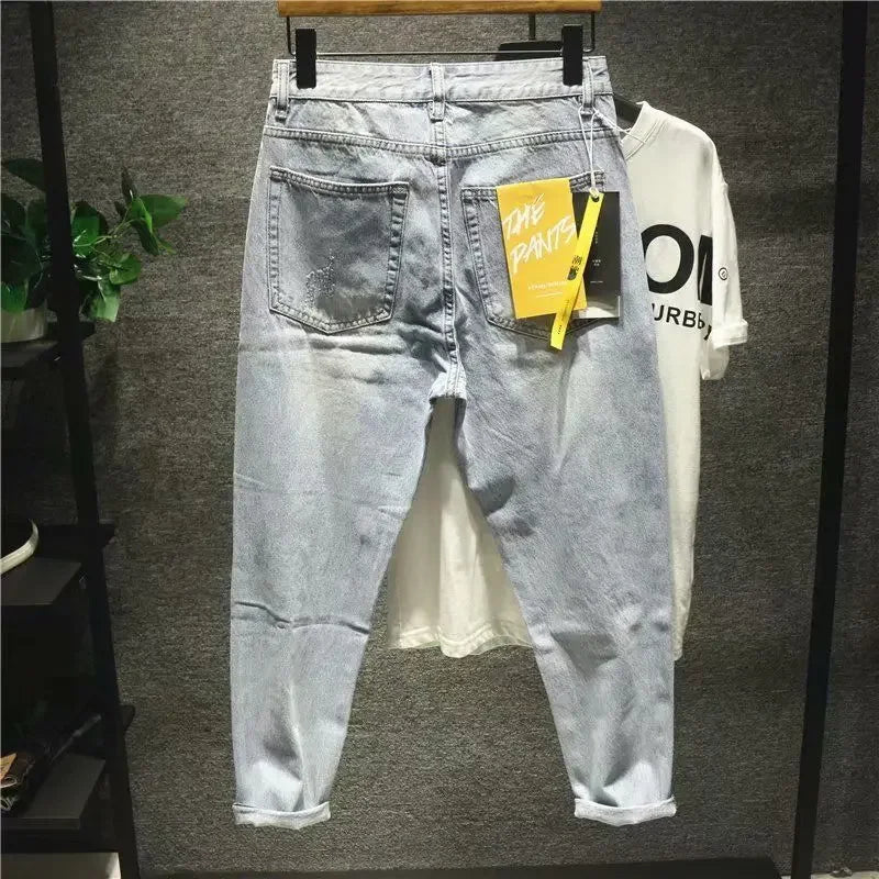 Hip Hop Harem Cropped Light Blue Trousers Men's Jeans with Holes Ripped Man Cowboy Pants Torn Broken Wide Leg Korean Fashion Xs