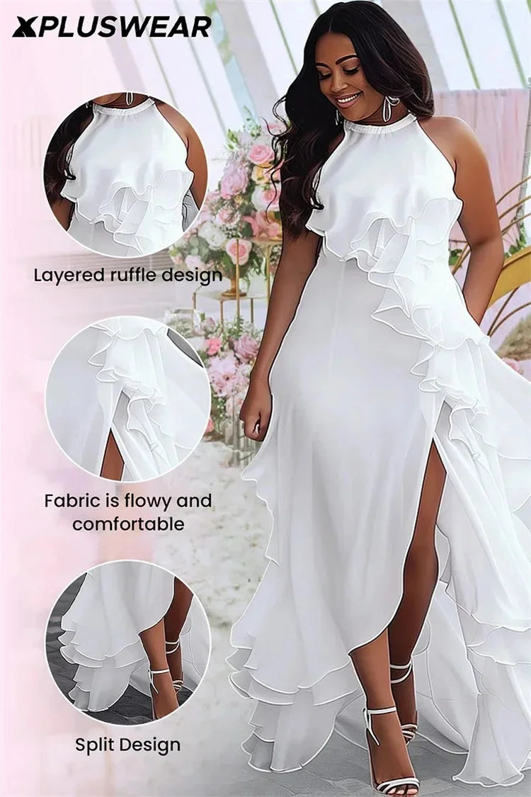 Gymystars Luxury Guest Prom Long Dresses for women white black Loose Sleeveless Layered Ruffle Trim Split-Front Dresses Female