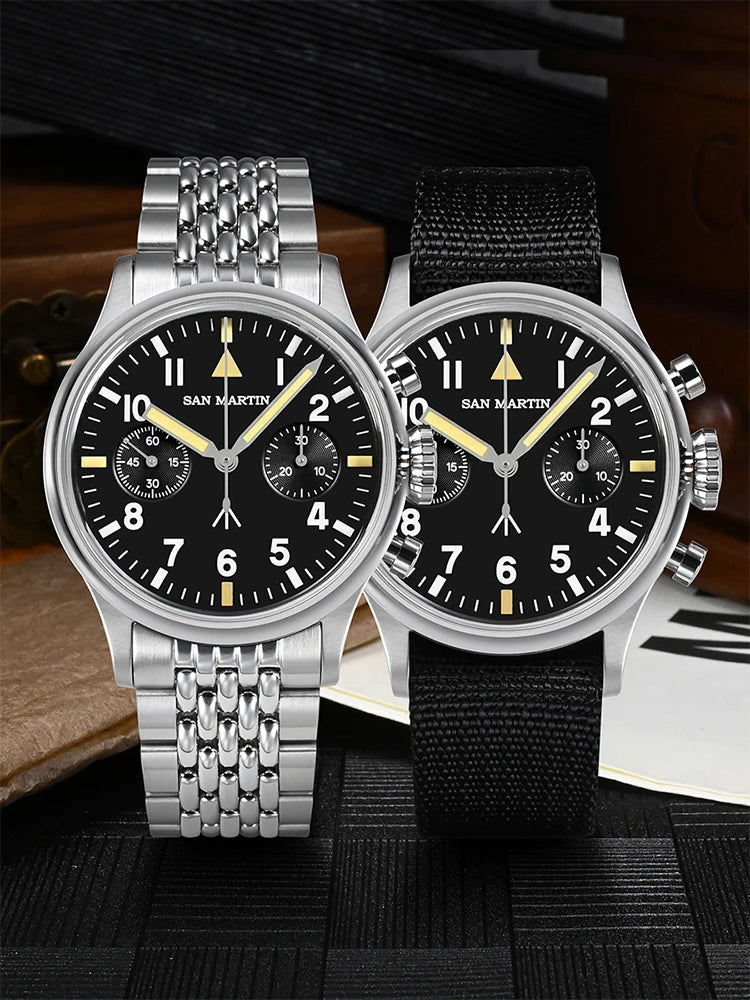 San Martin 38.5mm Mens Chronograph Pilot Watch Luxury ST1901 Manual Mechanical Simple Military Flieger Sapphire 10 ATM Luminous