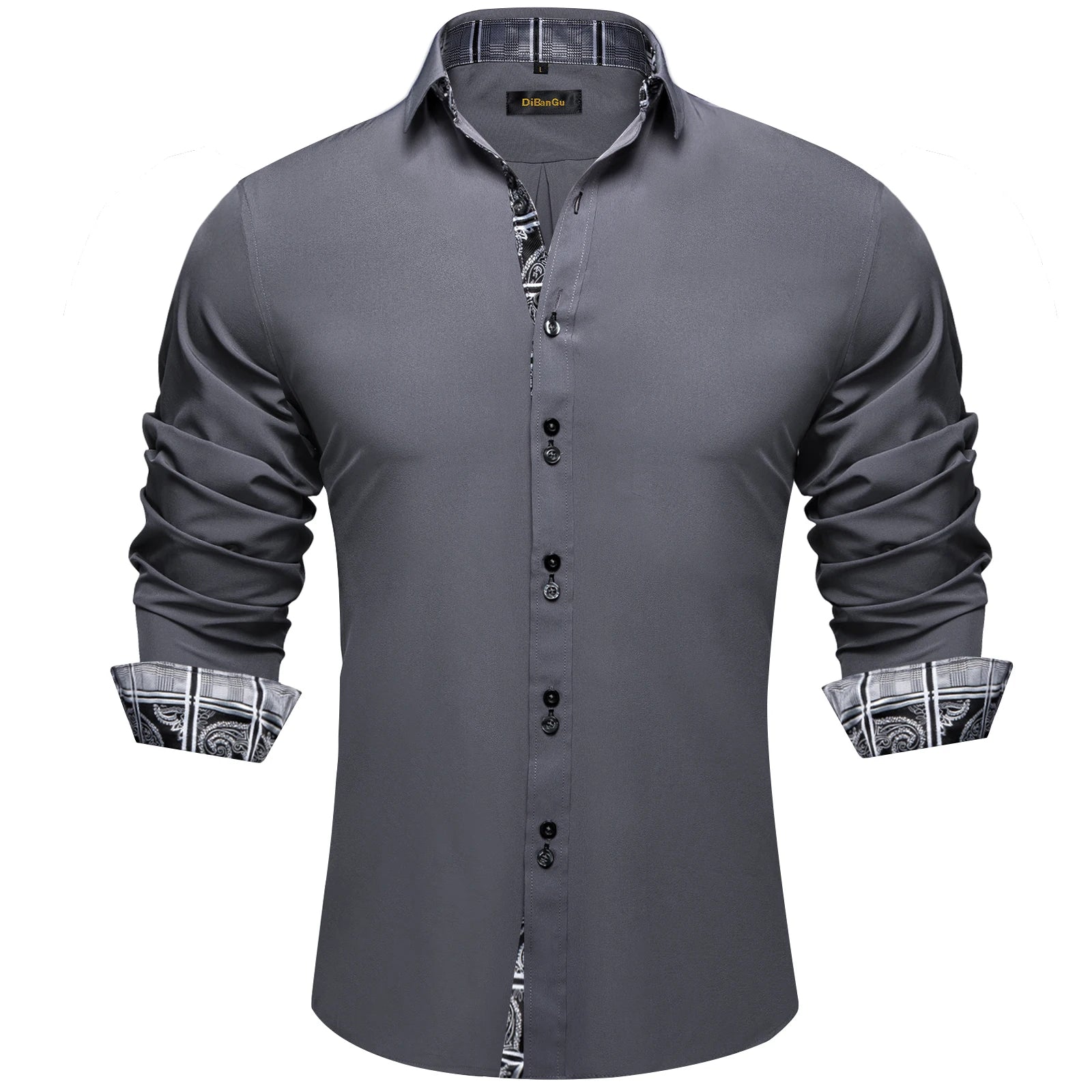 Men's Casual Long Sleeve Shirt with Inner Paisley Contrast Pattern Elegant Turn Down Collar Dress Shirt for Business Date Tops