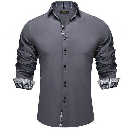 Men's Casual Long Sleeve Shirt with Inner Paisley Contrast Pattern Elegant Turn Down Collar Dress Shirt for Business Date Tops