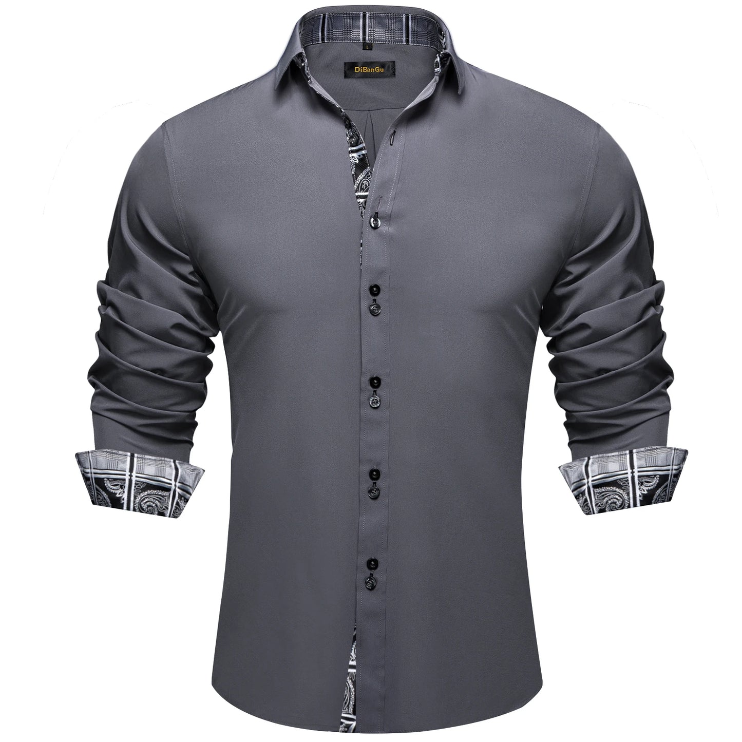 Men's Casual Long Sleeve Shirt with Inner Paisley Contrast Pattern Elegant Turn Down Collar Dress Shirt for Business Date Tops