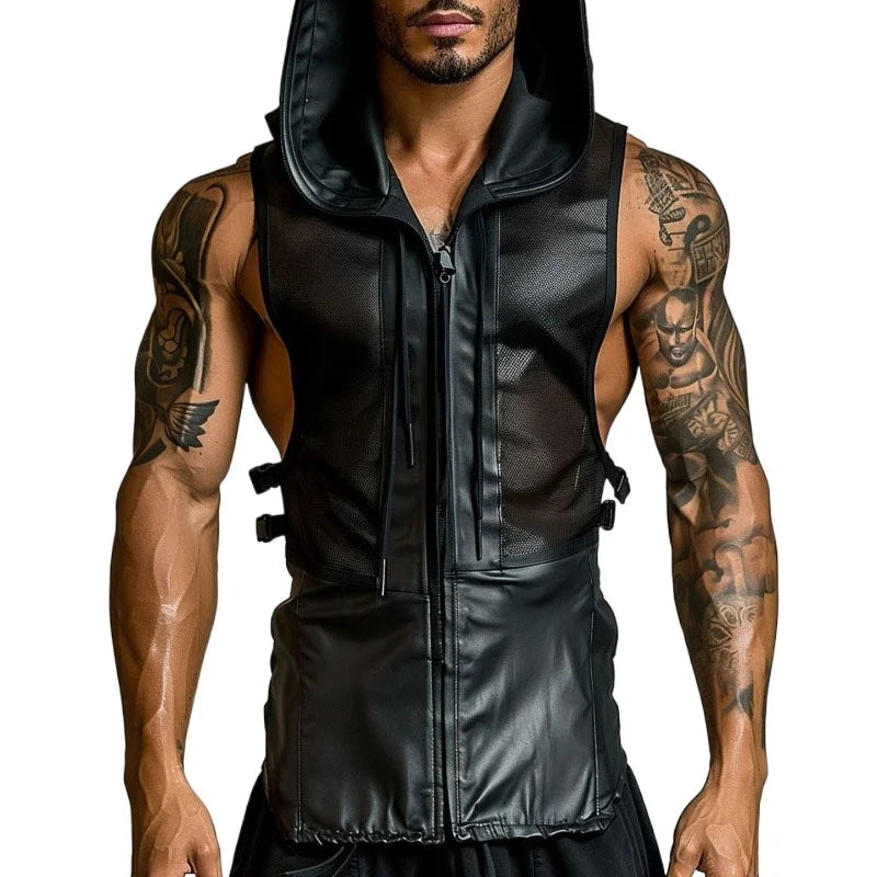 Men's Leather Stitching Net Shirt Motorcycle Leather Vest Top Sexy See-through Hooded Vest Muscular Men Fitness Vest Tank Top Me
