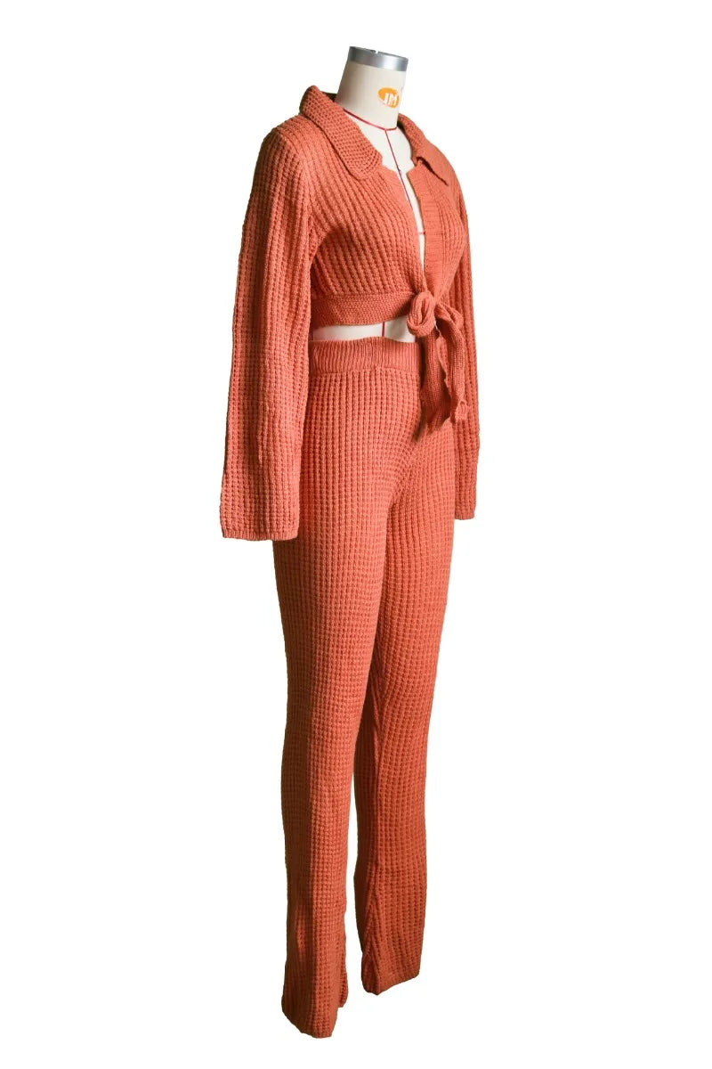 Solid Hollow Out Knitted Two Piece Set Women Long Sleeve Lace Up Cardigan Crop Tops High Waist Flare Pants Stretch Casual Suits