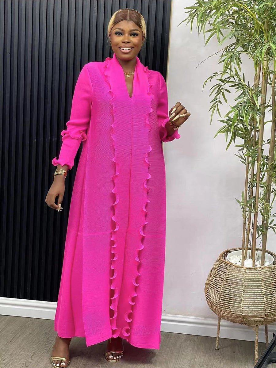 EGRM Miyake Pleated Maxi Long Dress Solid Ruffles Full Sleeve with Belt Formal Dresses for Women 2024 Summer New Hot Sales 8R295