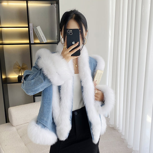 2023 Winter New Imported Fox Fur Denim Coat White Goose Down Jacket Loose Female Short Top