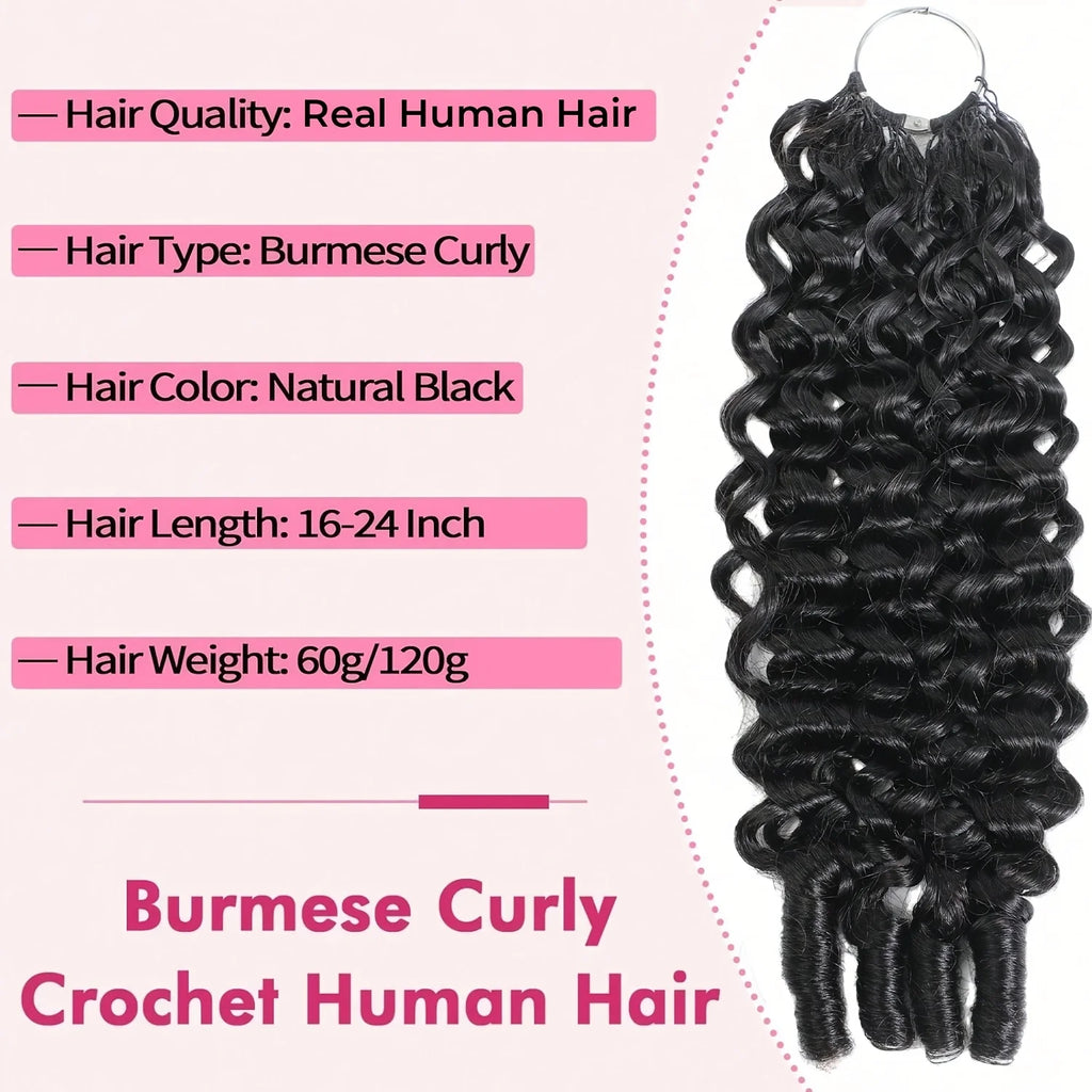 Burmese Curly Human Hair Extensions Boho Braided Pre-Looped Feather Crochet Hair with Miracle Knots Spiral Curly Hair for Braids
