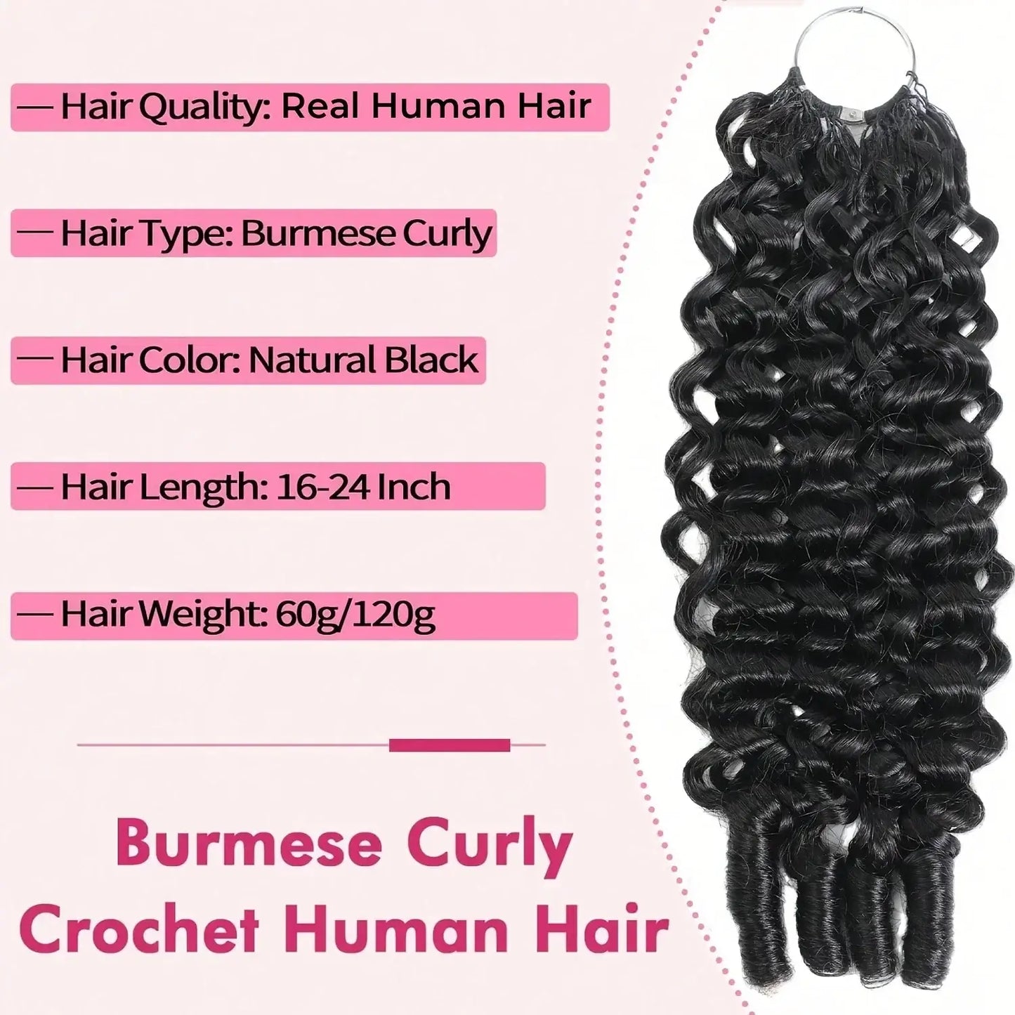 Burmesische Locken Echthaar Extensions Boho geflochtene vorgefertigte Feder-Häkelhaare mit Wunderknoten Spiral-Lockenhaare für Zöpfe