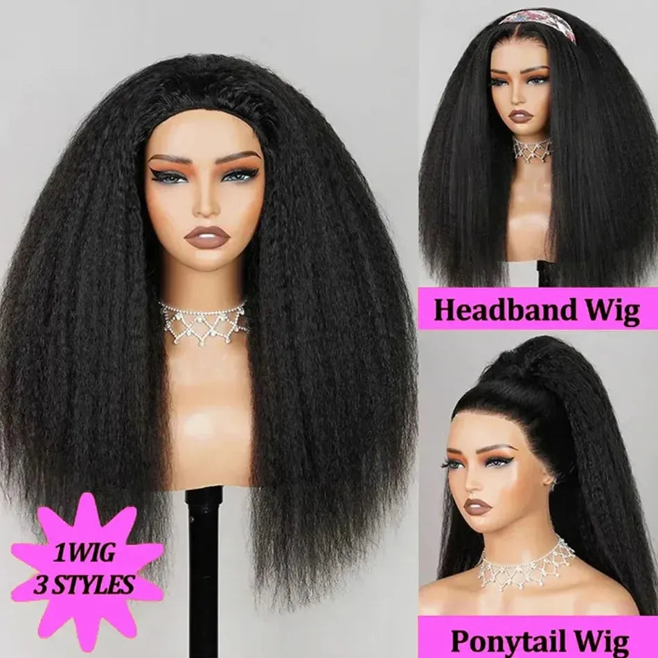250 Density Kinky Straight Half Wigs Human Hair Flip Over Gluless 3 In 1 Half Wig With Drawstring 40 Inch Wear And Go For Women