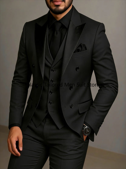 Beige Double Breasted Suit  Black Lapel  Slim Fit Wedding Suit