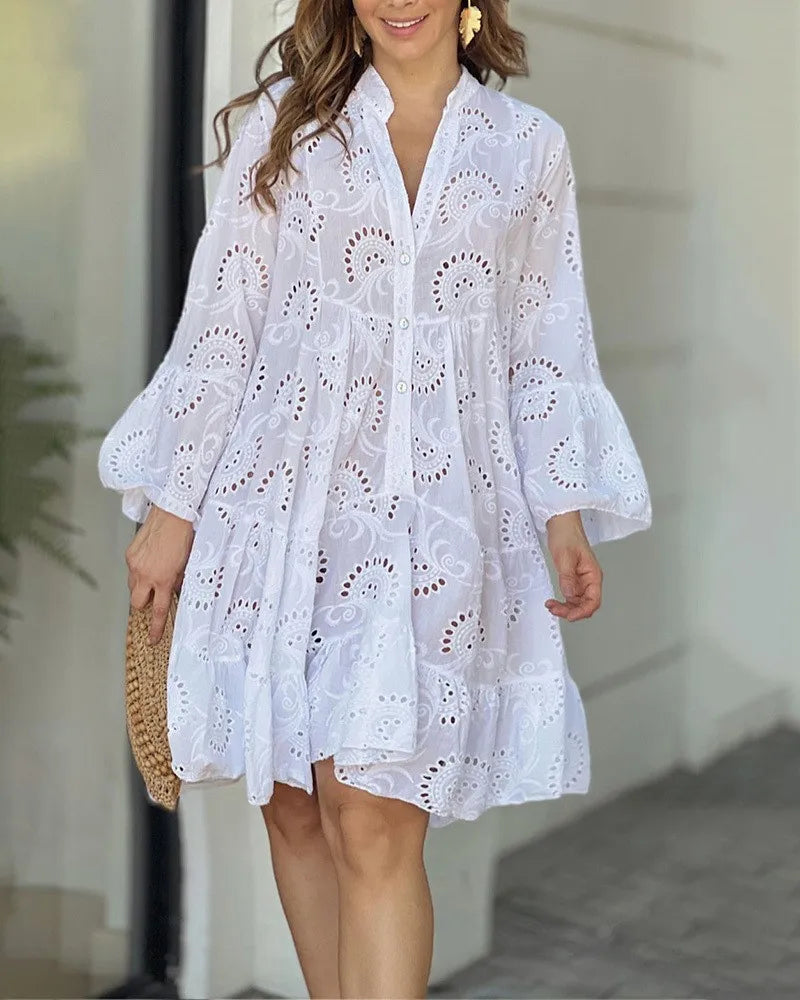 Hollow Out Dresses for Women Summer Autumn Elegant Vintage Solid Lace Dress V-neck Loose Embroidery Vestidos Beach Mini Dresses