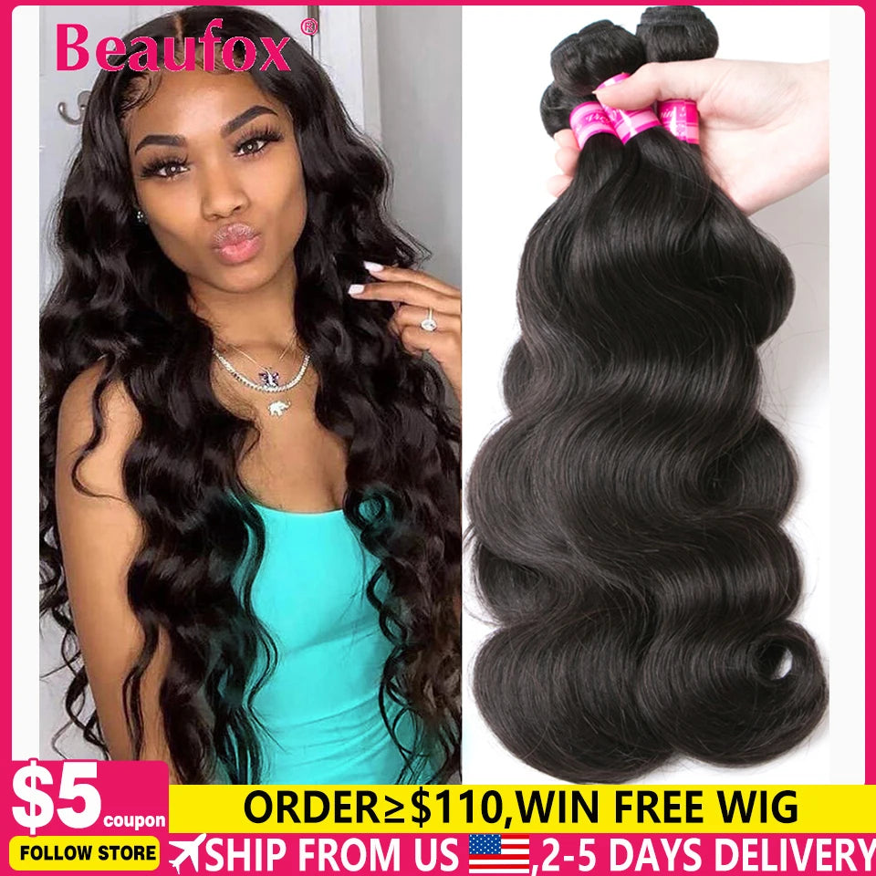 Beaufox Body Wave Bundles brasilianische Haar-Weave-Bündel 1/3/4 Stk. Echthaar-Bündel Natur-/Tiefschwarz 8-30" Remy Haarverlängerungen