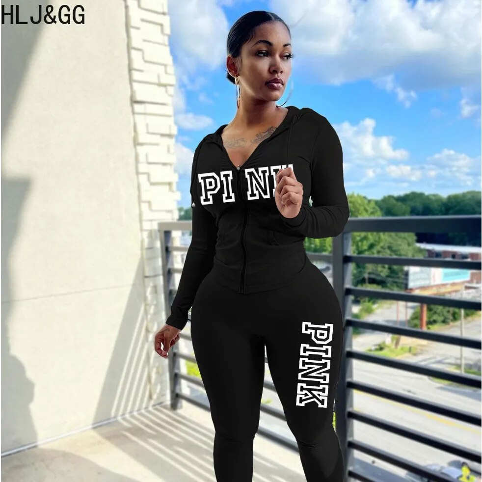 HLJ&GG Fashion Zipper Hooded Two Piece Sets Fall Women PINK Letter Print Outfits Casual Long Sleeve Coat+Skinny Pants Tracksuits