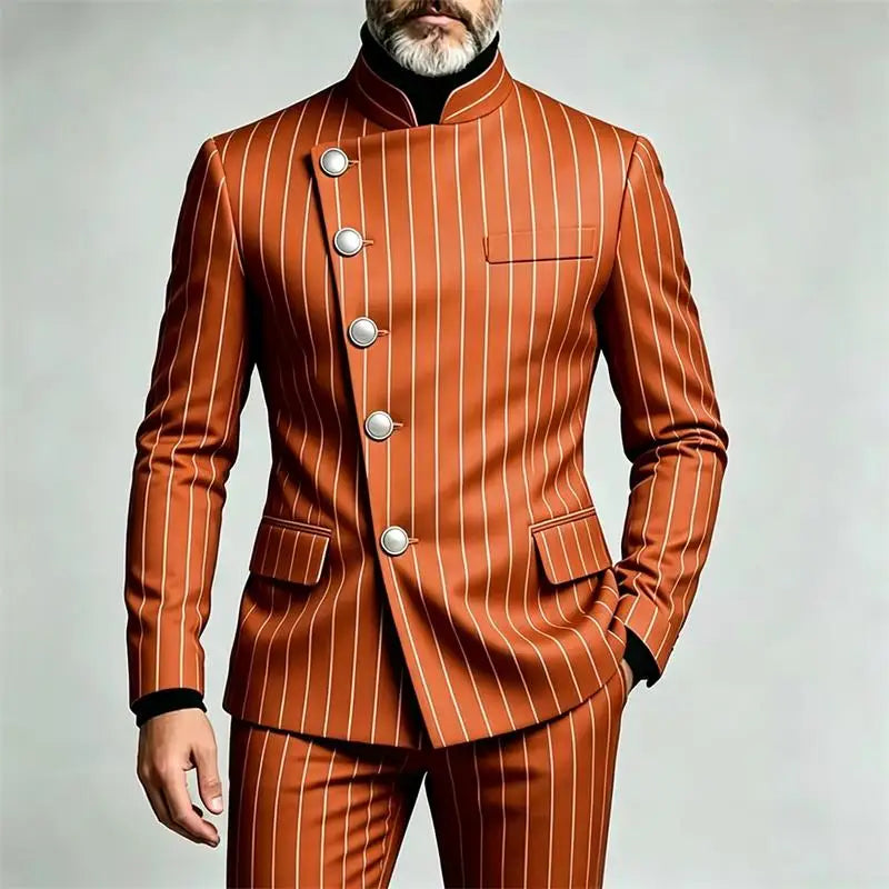 Men's Pinstripe Business Suits Single Breasted Stand Collar Slim Fit Suit Jacket Pants 2 Pieces Formal Tuxedo for Wedding Party