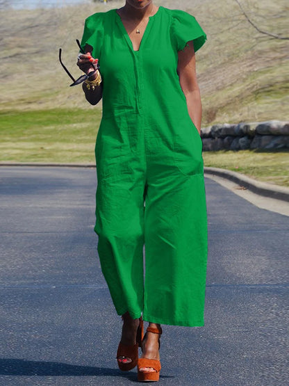 Summer Clothes  Trend Woman Short Sleeves Loose Cargo Jumpsuit Solid Color Cotton Jumpsuit Mid Waist Wide Leg Jumpsuit