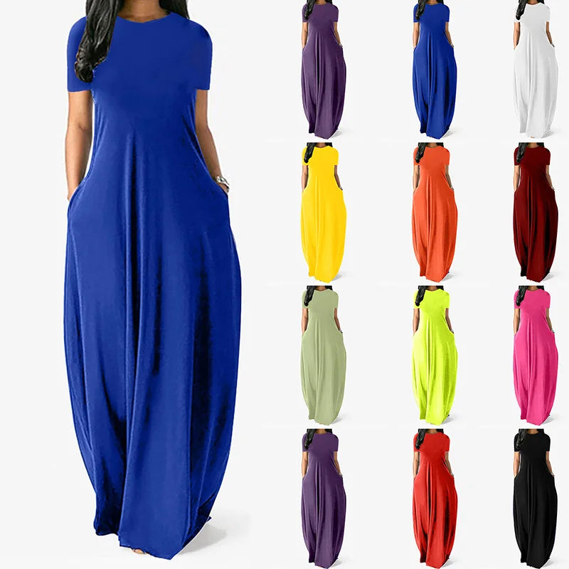 Women Casual Short Sleeve Long Dress Loose Double Pocket Dress Crew Neck Fashion Party Maxi Dress Streetwear Beach Sundress 5XL