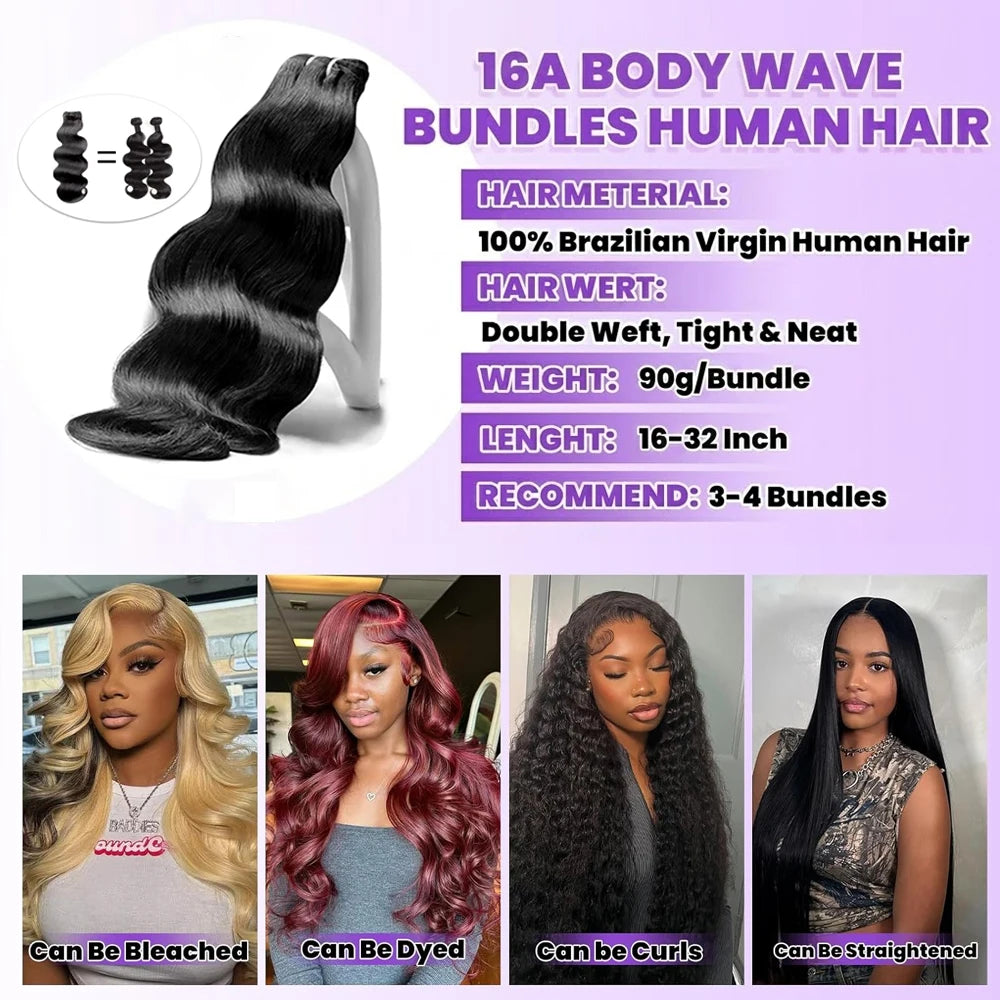 28 30 Inch Body Wave 100% Human Hair Bundles 16A Raw Virgin Brazilian Hair Weaving Bundle Unprocessed Remy Hair Extensions 1 3 4 Pcs Natural Black Color Pure Weave Bundles