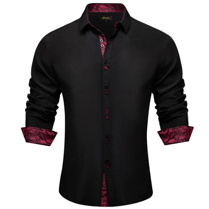 Men's Casual Long Sleeve Shirt with Inner Paisley Contrast Pattern Elegant Turn Down Collar Dress Shirt for Business Date Tops