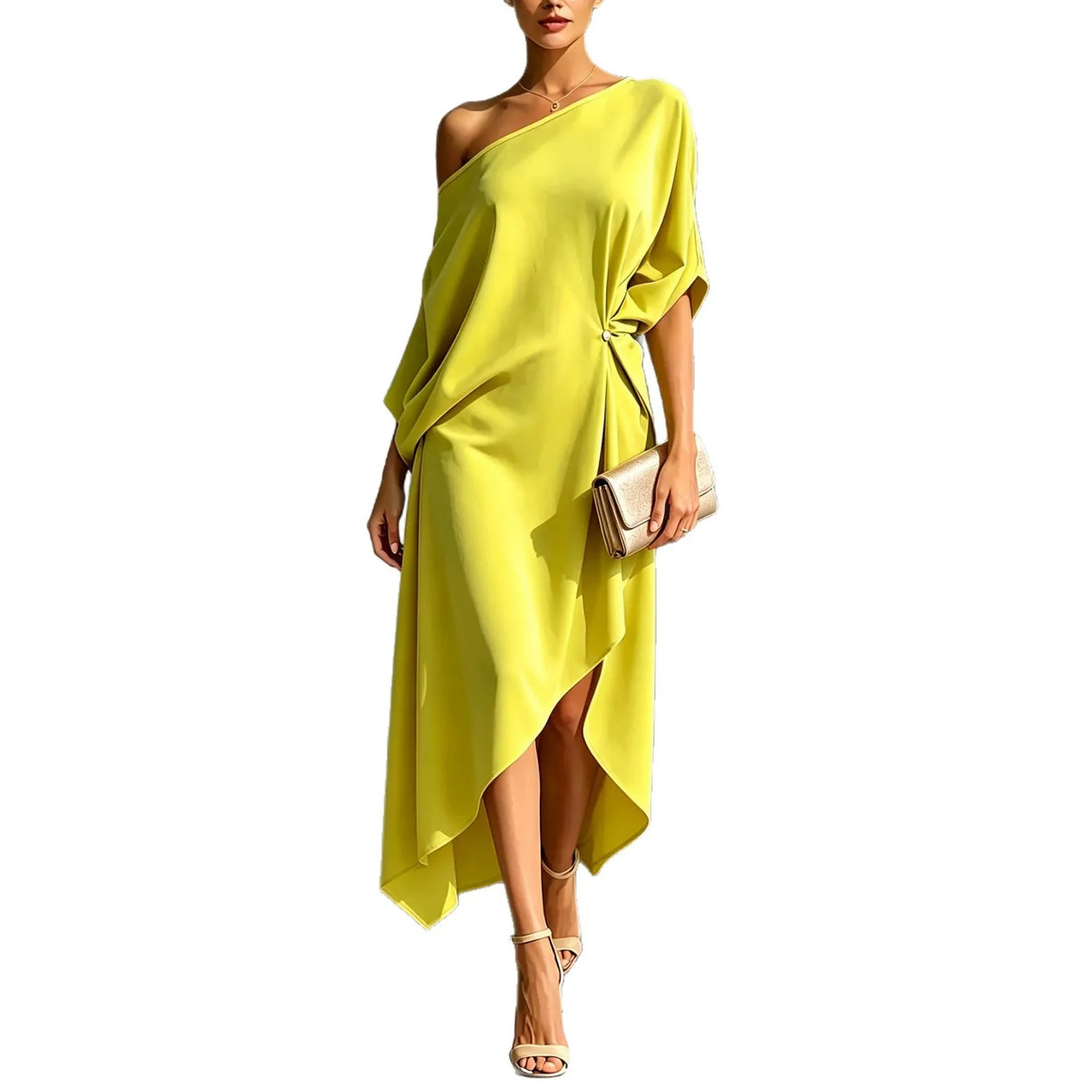 One Shoulder Midi Dress Asymmetrical Hem Waist Knot 3/4 Sleeve Draped Formal Evening Elegant Color Cocktail Dress for Women