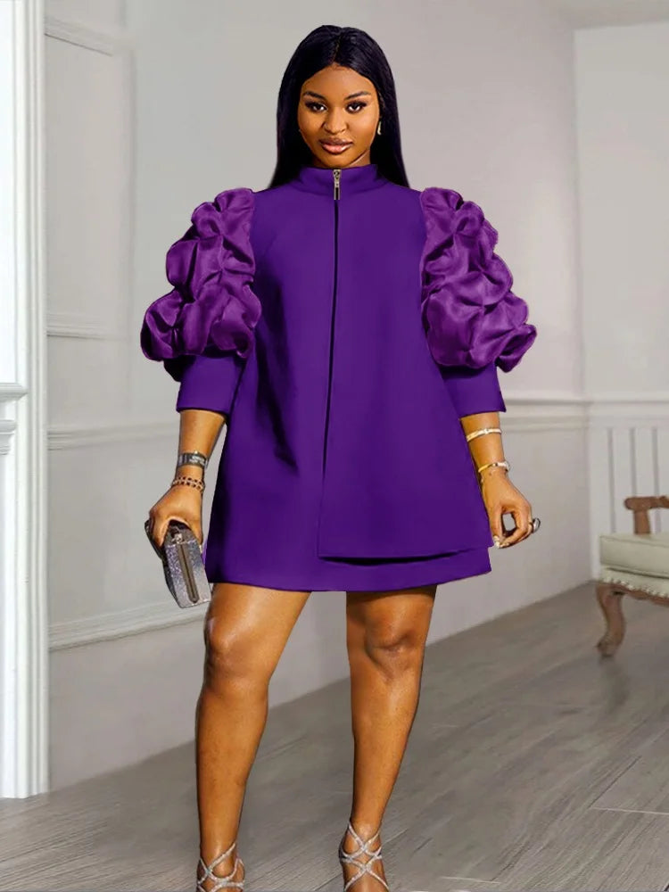 Wmstar Damen-Kleider in Übergröße Elegant Loose Purff Reißverschluss Langarm Party Mini-Kleid Großhandel Dropshipping 2024