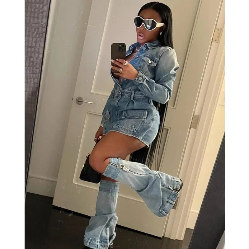 Vintage Denim Mini Dress with Trouser Legs Women Autumn Turn Down Collar Long Sleeve Buttons Pockets Dresses Hipster Streetwear