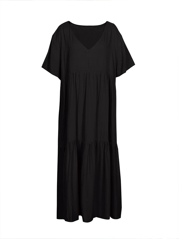 Damen Übergröße Lässiges lockeres V-Ausschnitt Einfarbiges langes Kleid Frühling Sommer Plissee Big Size Damenkleid