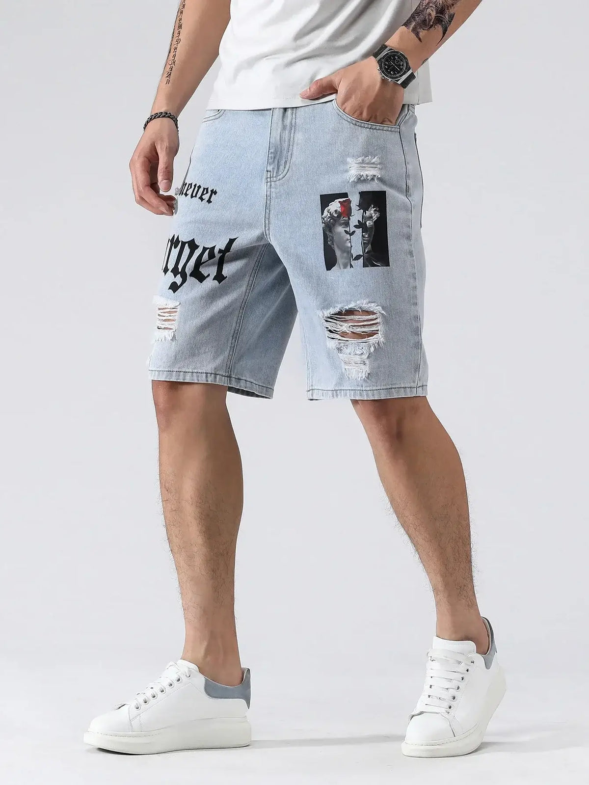 Herren Sommer Stretchy Denim Shorts Jeans Für Herren Streetwear Zerrissene Buchstaben Knielange Baggy Bequeme Cargo Freizeithosen Jeansshorts