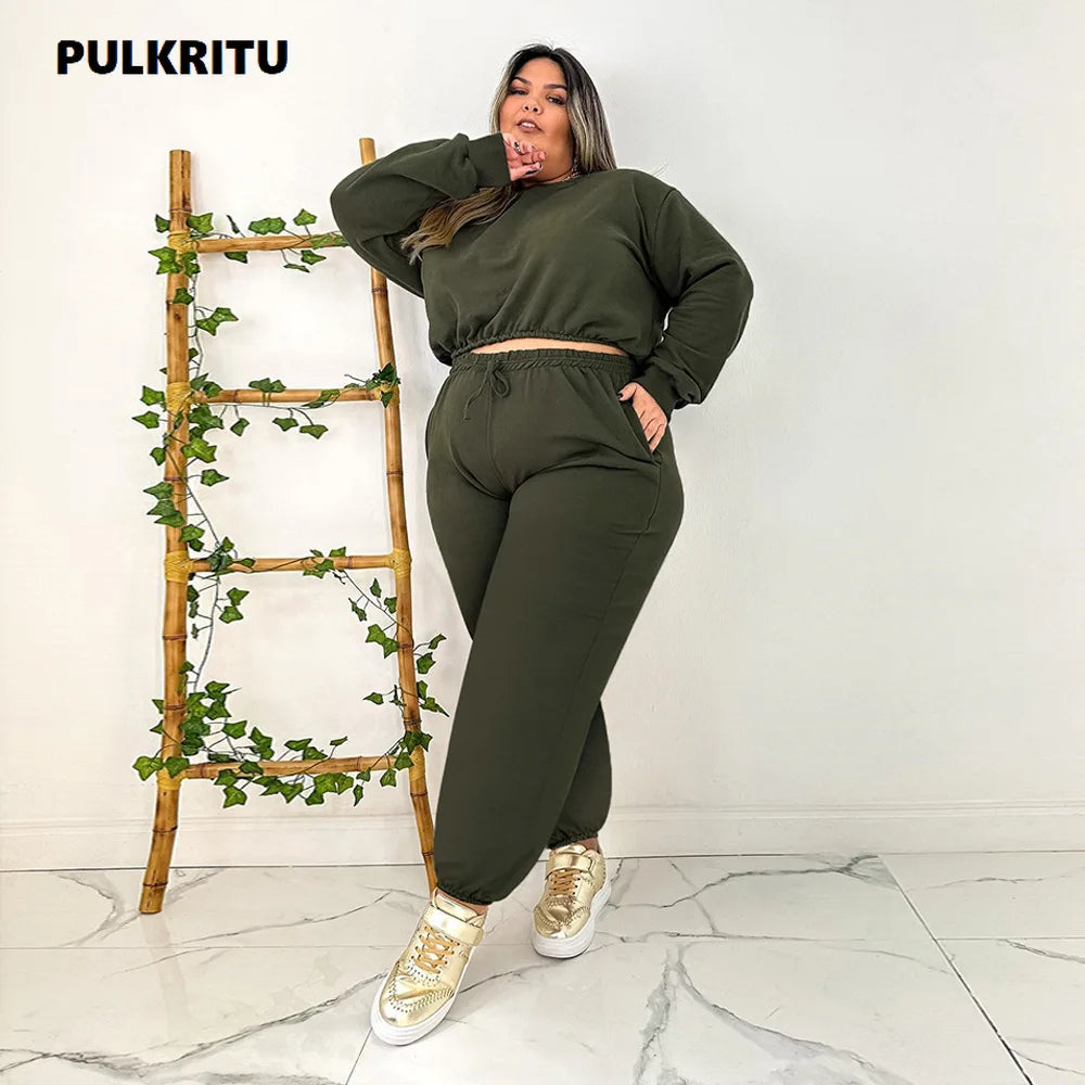 Pulkritu Plus Size Women Jogger Pants Set and Long Sleeve Sweatshirt Fashion Two 2 Piece Set Active Tracksuit Outfits