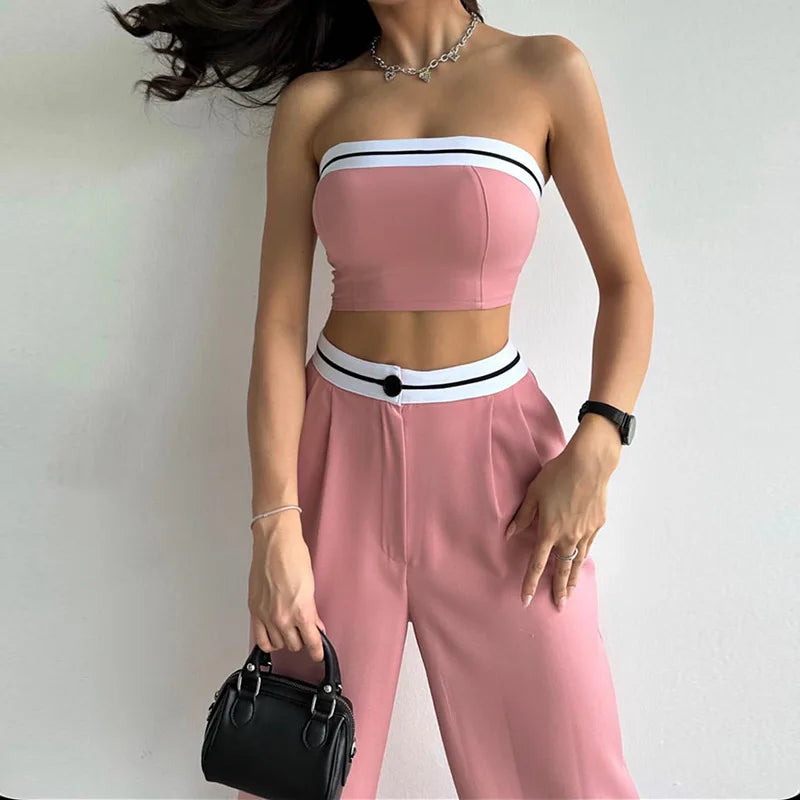 Women Two Piece Pant Sets Vest Spliced Sleeveless Strapless High Waist Long Pants Pockets Button Sporty Summer Casual