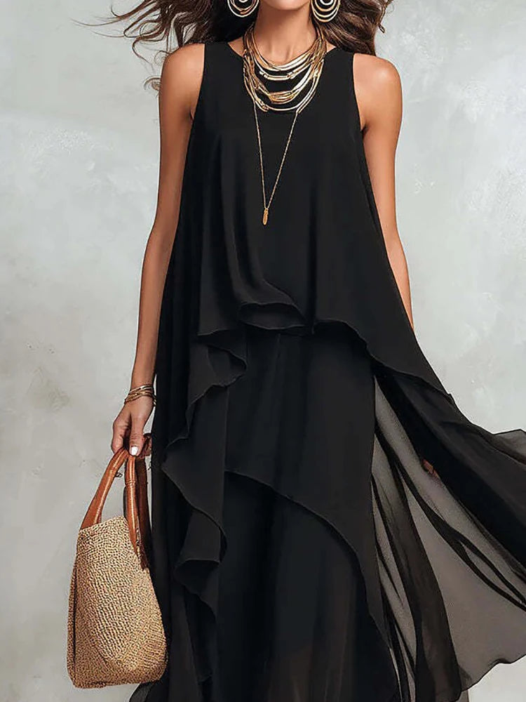 New Women's Sleeveless Black Color Maxi Dress Summer Holiday O Neck Elegant Chic Loose Fashion Ladies Irregular Dress Streetwear
