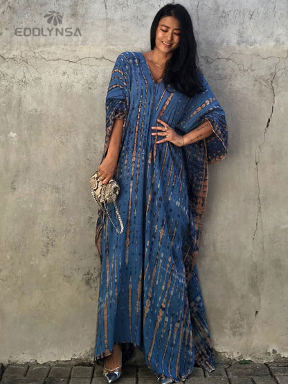 Bohemian Printed V-neck Batwing Sleeve Side Split Loose Dress For Women Clothes Plus Size Beachwear Maxi Dresses Q1218