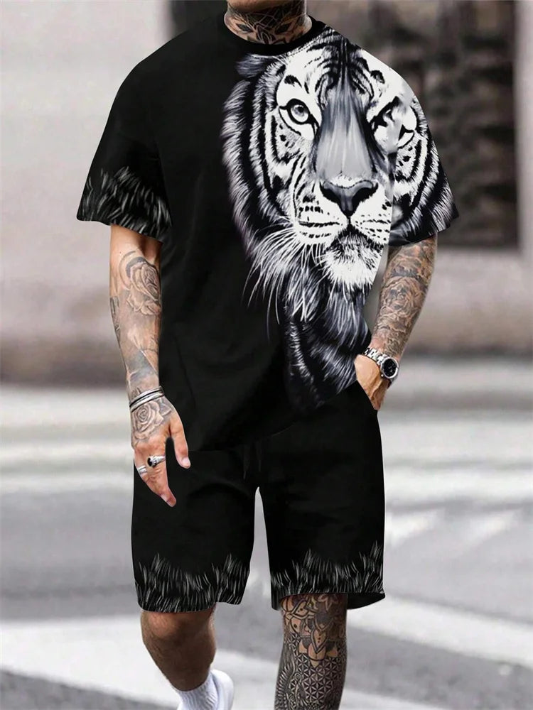 2024 New Crew Neck Short Sleeve T-shirt Fashion Shorts Set 3D Lion Print Short Sleeve Shorts 2-piece Men's Summer Sports Set