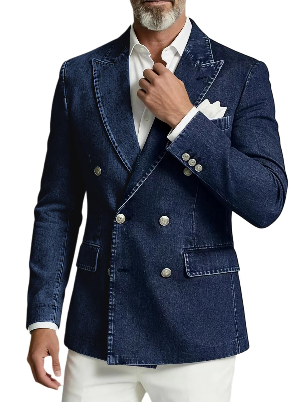 Men Spliced Denim Jacket Peak Lapel Double Breasted Slim Fit Casual Blazer Outing Date Night Trendy Party Fashion Costume Homme