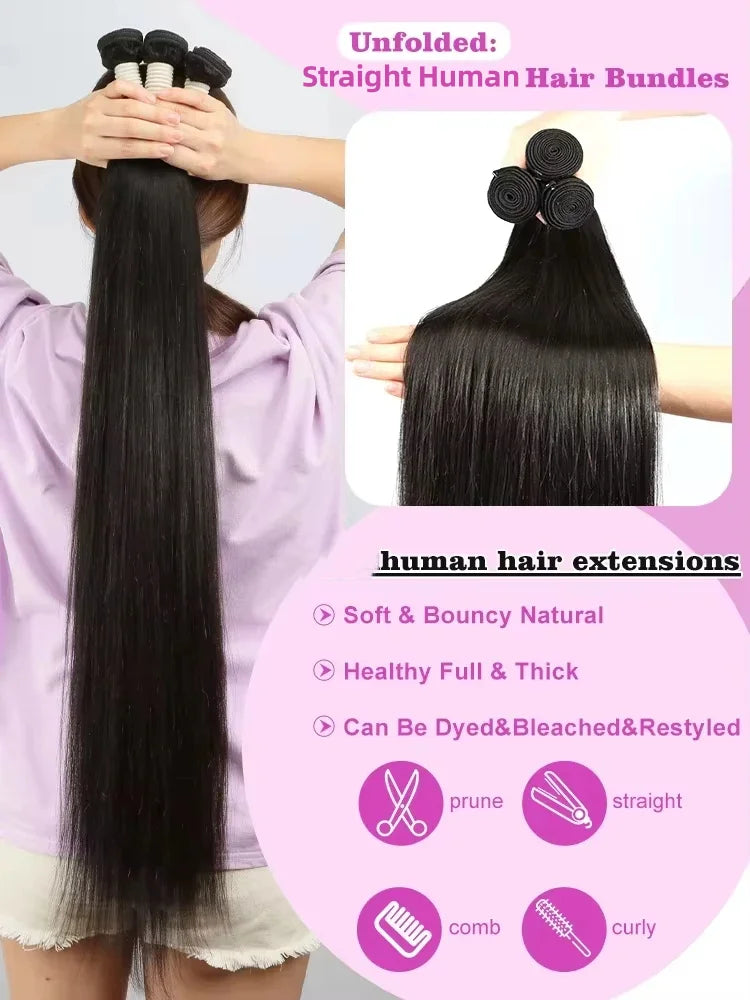 Real Human Hair Bone Straight Bundles 30 40 Inches Raw Hair 1 3 4 Bundles Brazilian Hair Weave Extensions For Black Women
